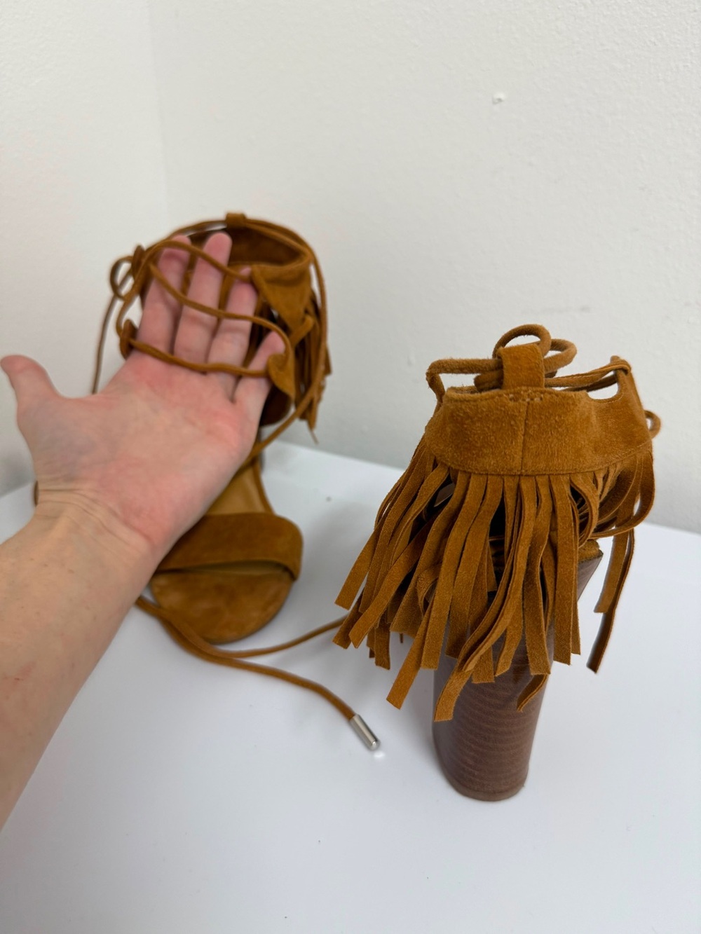 Kendall & Kylie Suede Fringe Lace-Up Block Heel Sandals - Cognac Brown